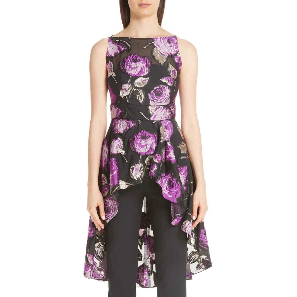 Lela Rose Metallic Floral Fil Coupé High/Low Peplum Blouse Black Purple Silver 8